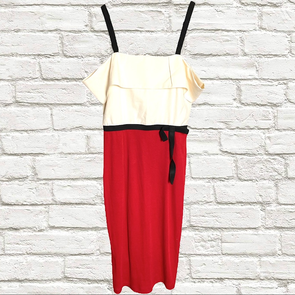 Lindy Bop Ivory & Red Stretchy Off the Shoulder Wiggle Dress